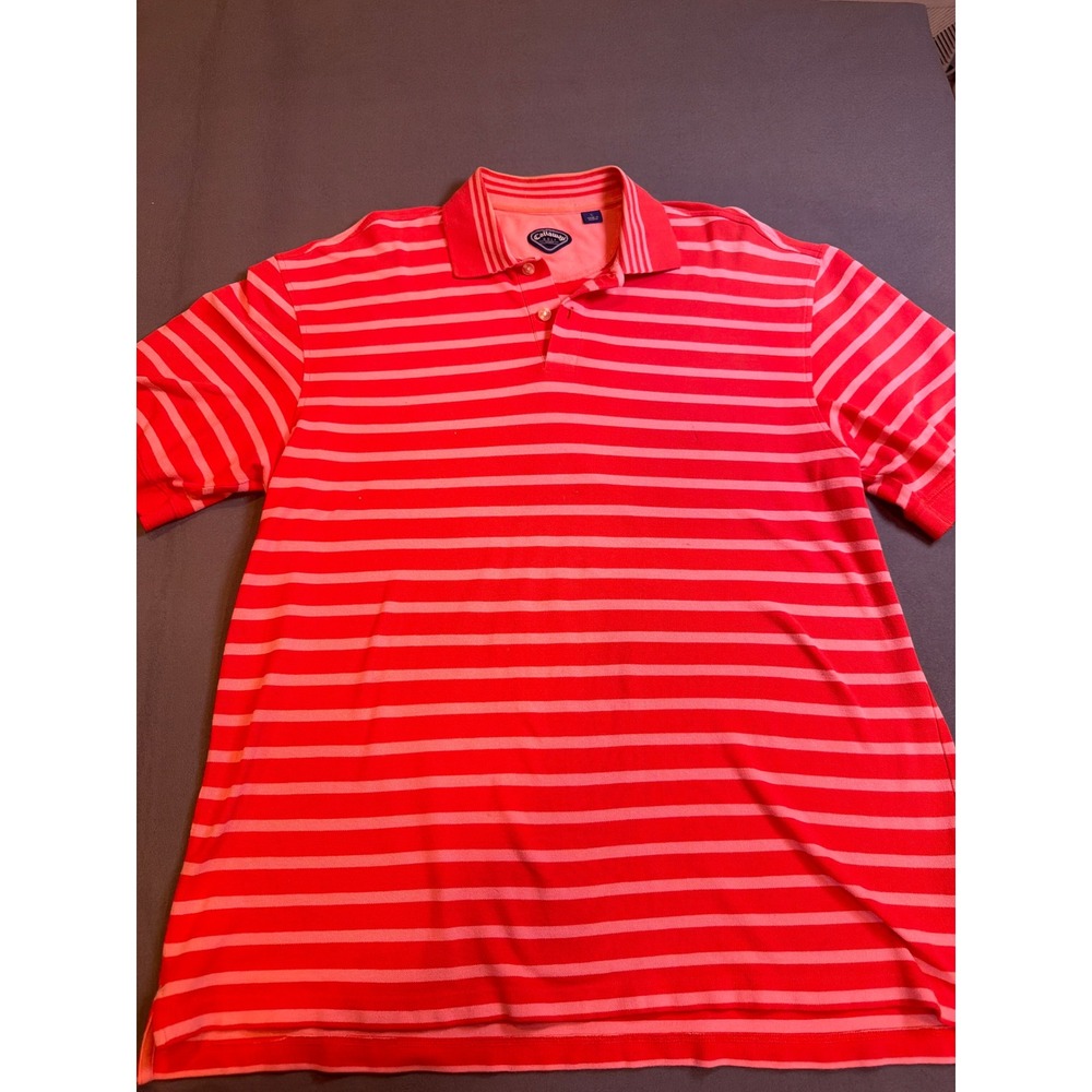 Callaway Mens Polo Shirt Large Red Pink Striped Golf Short Sleeve CS15999